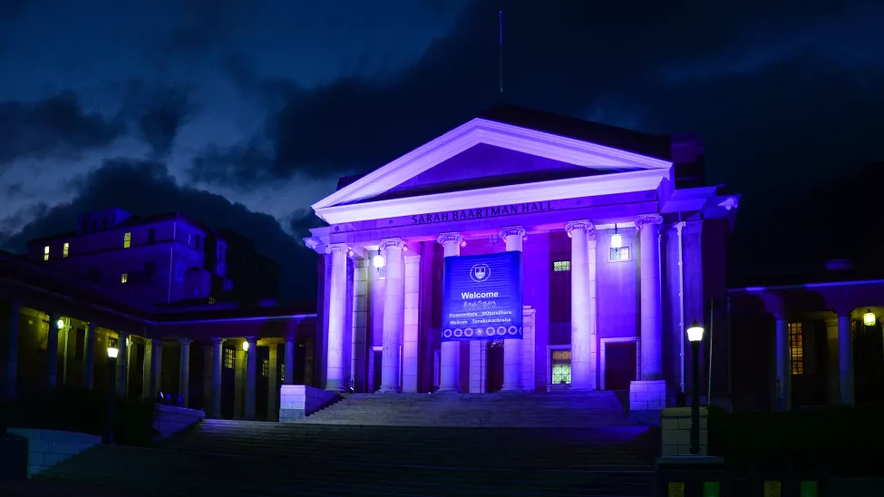Sarah Baartman Hall lit with purple lights